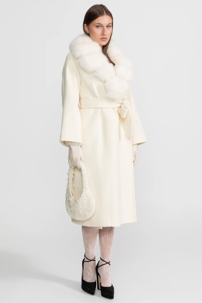 Wool Wrap Coat with Fox Fur Collar And Tie Belt – Ivoire