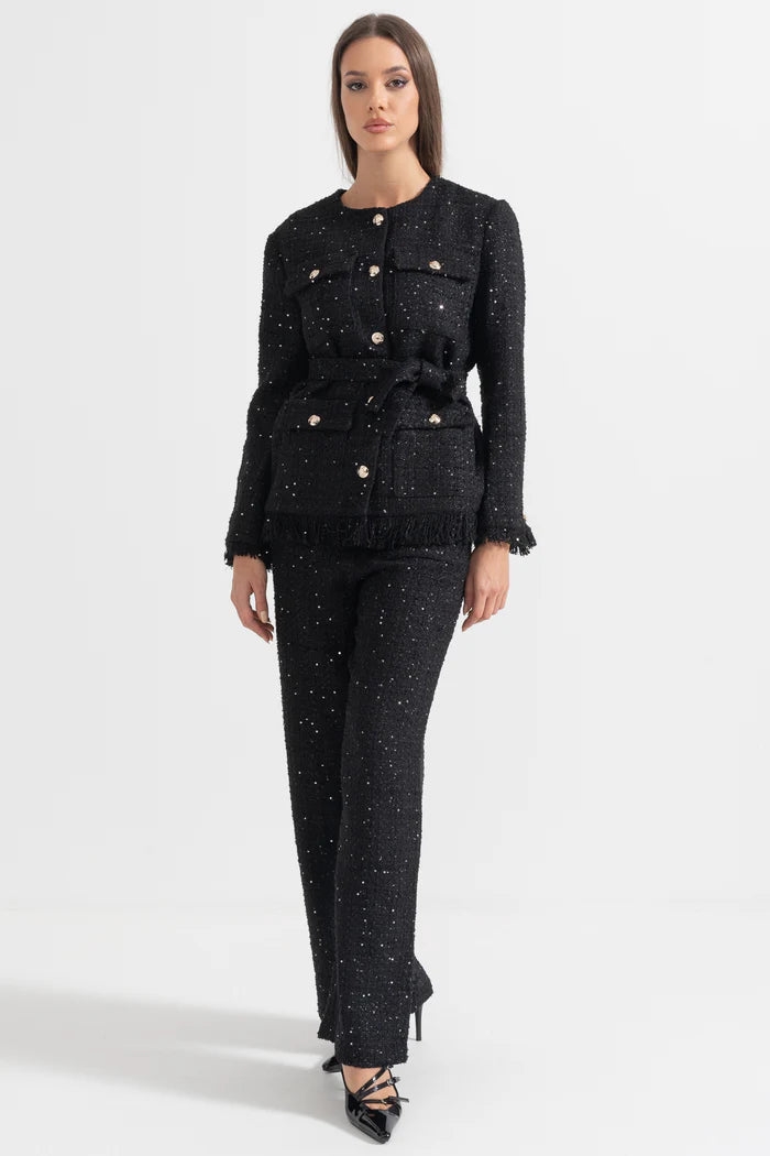 Elegant Tweed Blazer With Waist Belt - Black