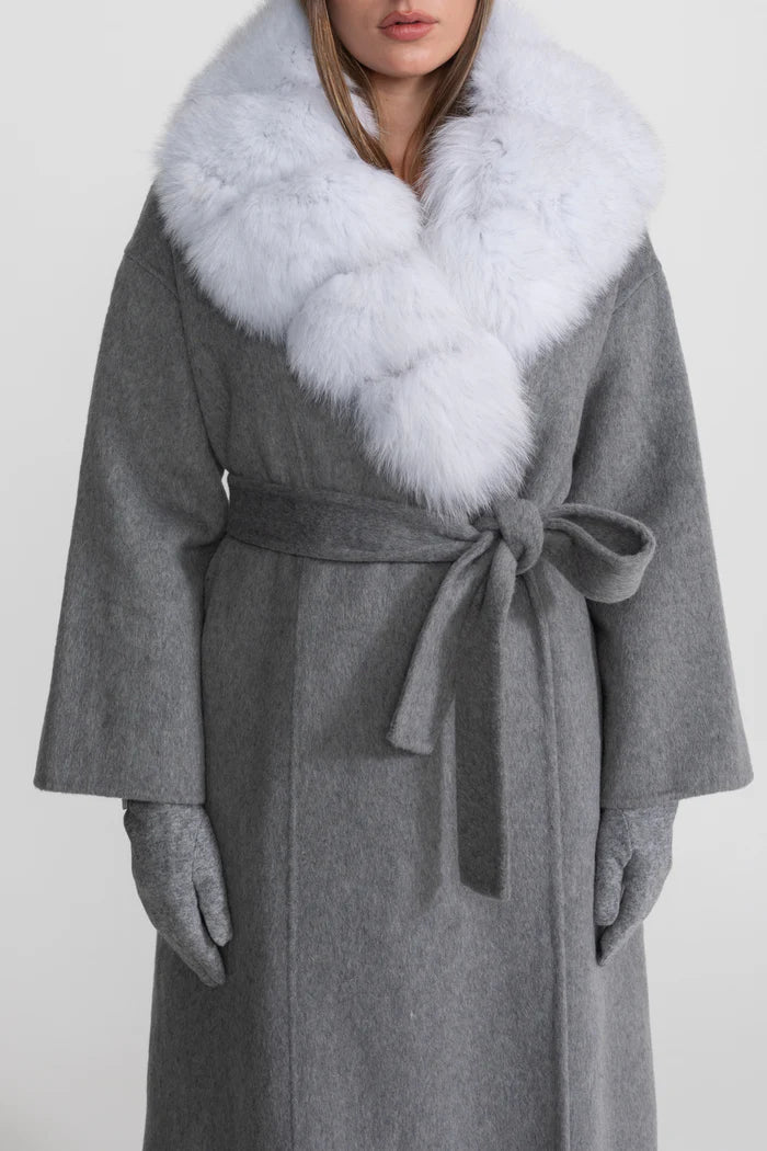Wool Wrap Coat with Fox Fur Collar And Tie Belt – Gray
