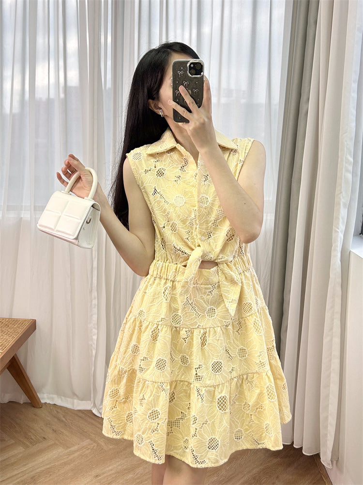 Yellow waist tie daisy cutout dress