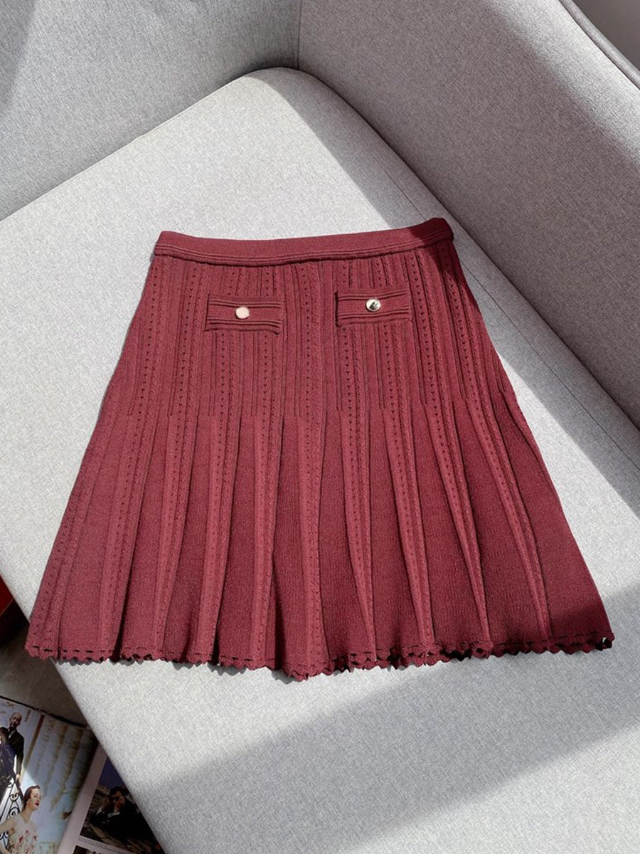 Sleeveless knitted vest + pleated skirt short round neck set