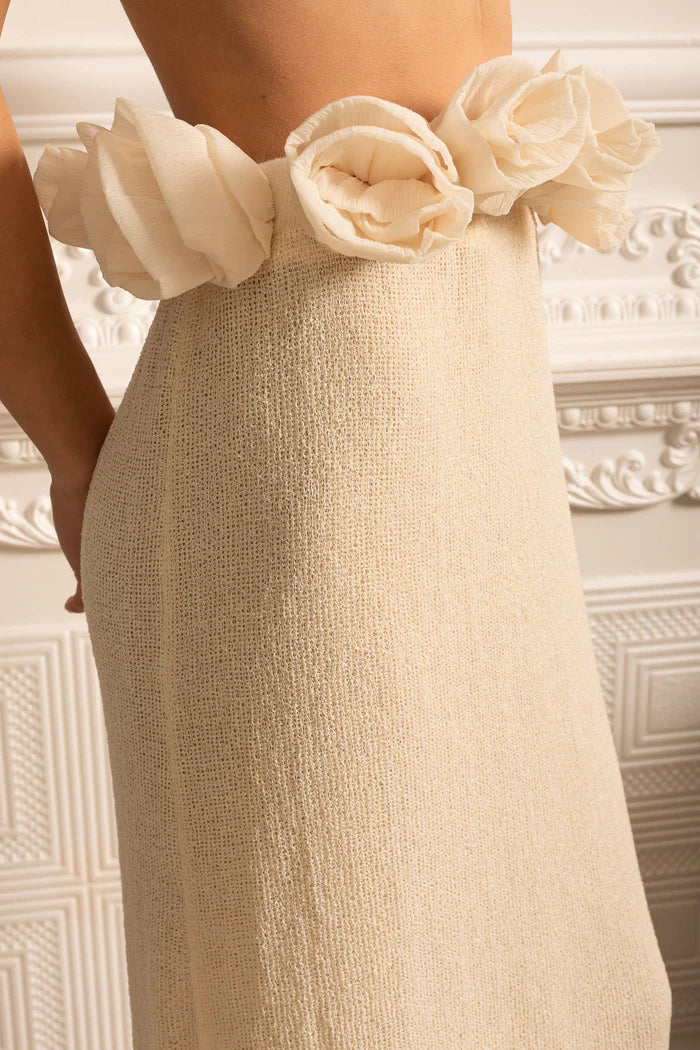 High-Waisted Knit Skirt With 3D Flowers Appliques - Ivoire
