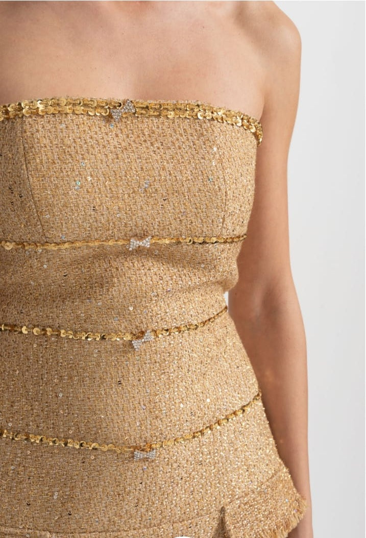 Strapless Textured Dress With Sequin Decorative Trim And Sparkling Ribbon Appliques - Gold