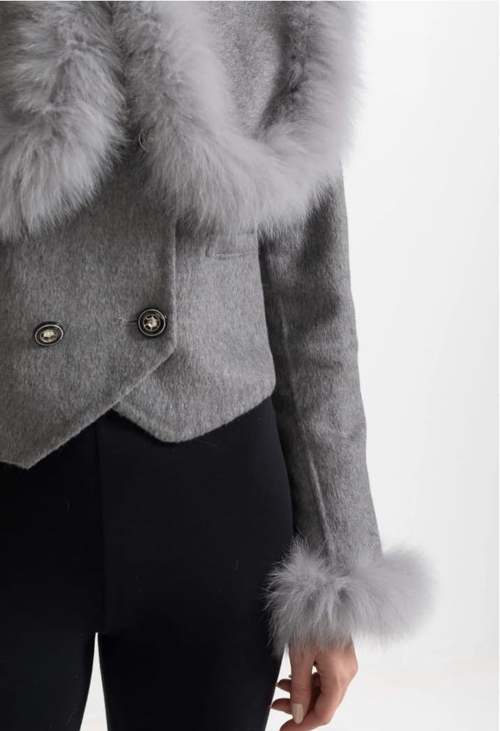Double Breasted Cropped Jacket With Fur Collar Embellishment - Gray