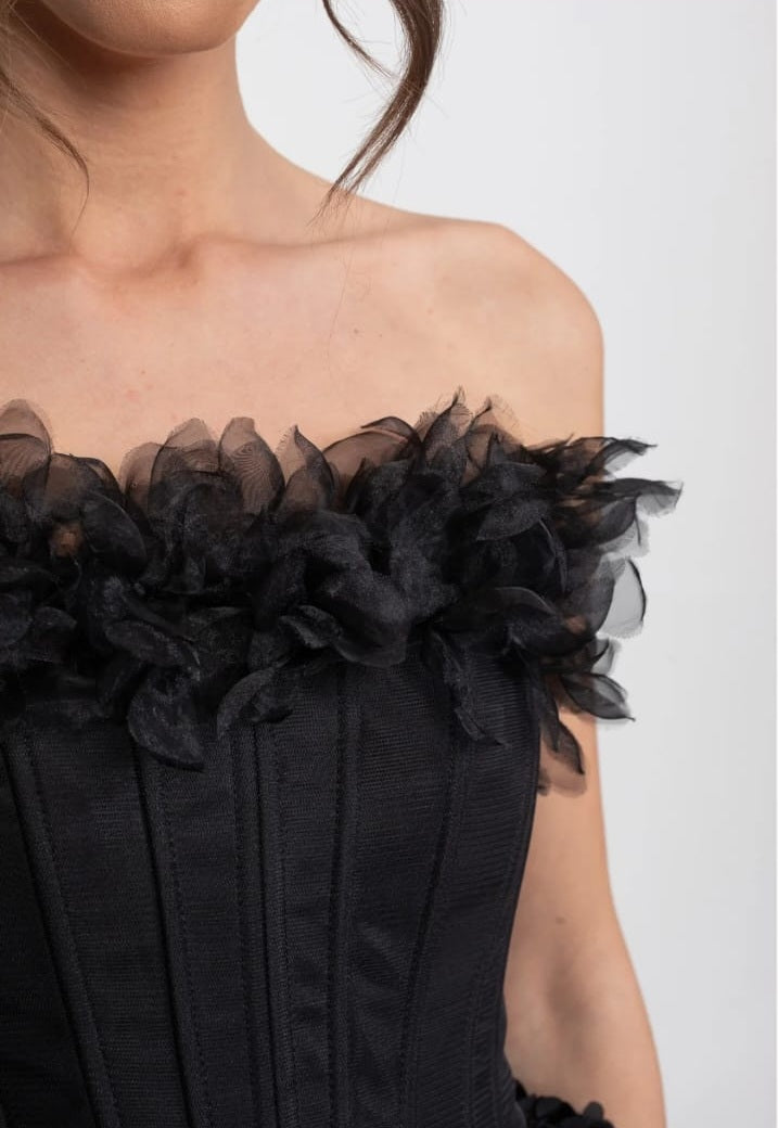 Strapless Corset Mini Dress With 3D Rose Appliqué Skirt - Black