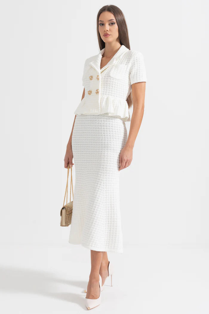 Knitted Midi Dress With Gold Buttons And Peplum Waist - White