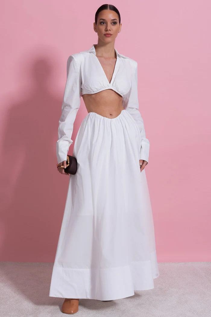 Long Sleeve Co-Ord Set With Cropped Underbust Top - White
