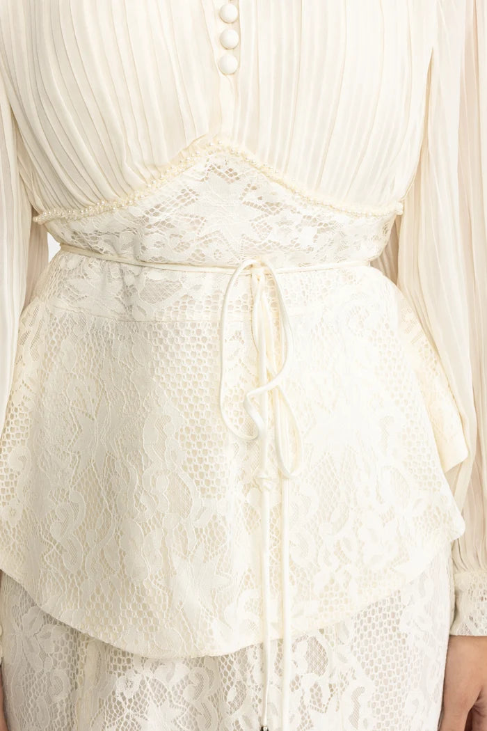 Pleated Chiffon Lace Peplum Blouse and Maxi Skirt Set - Ivoire