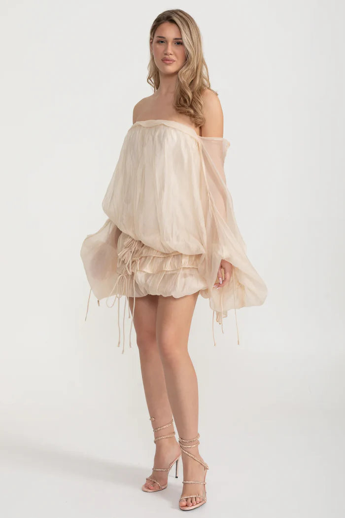 Sleeveless Draped Mini Dress With Ruffled Skirt - Ivoire