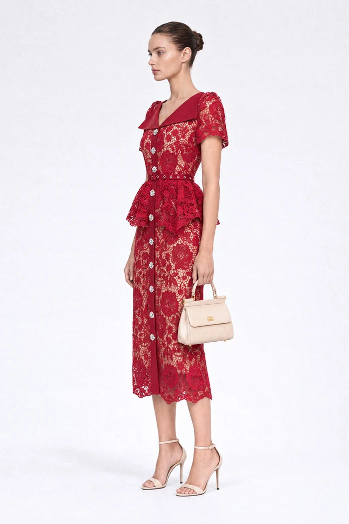 Crystal-Button Lace Peplum Midi Dress - Red