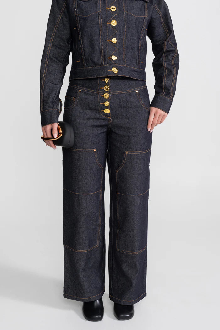 Gold Button Denim Co-ord Set – Indigo