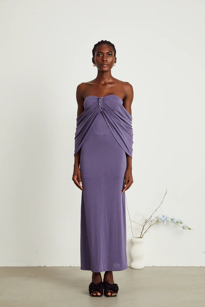 Delphine purple ruched midi dress