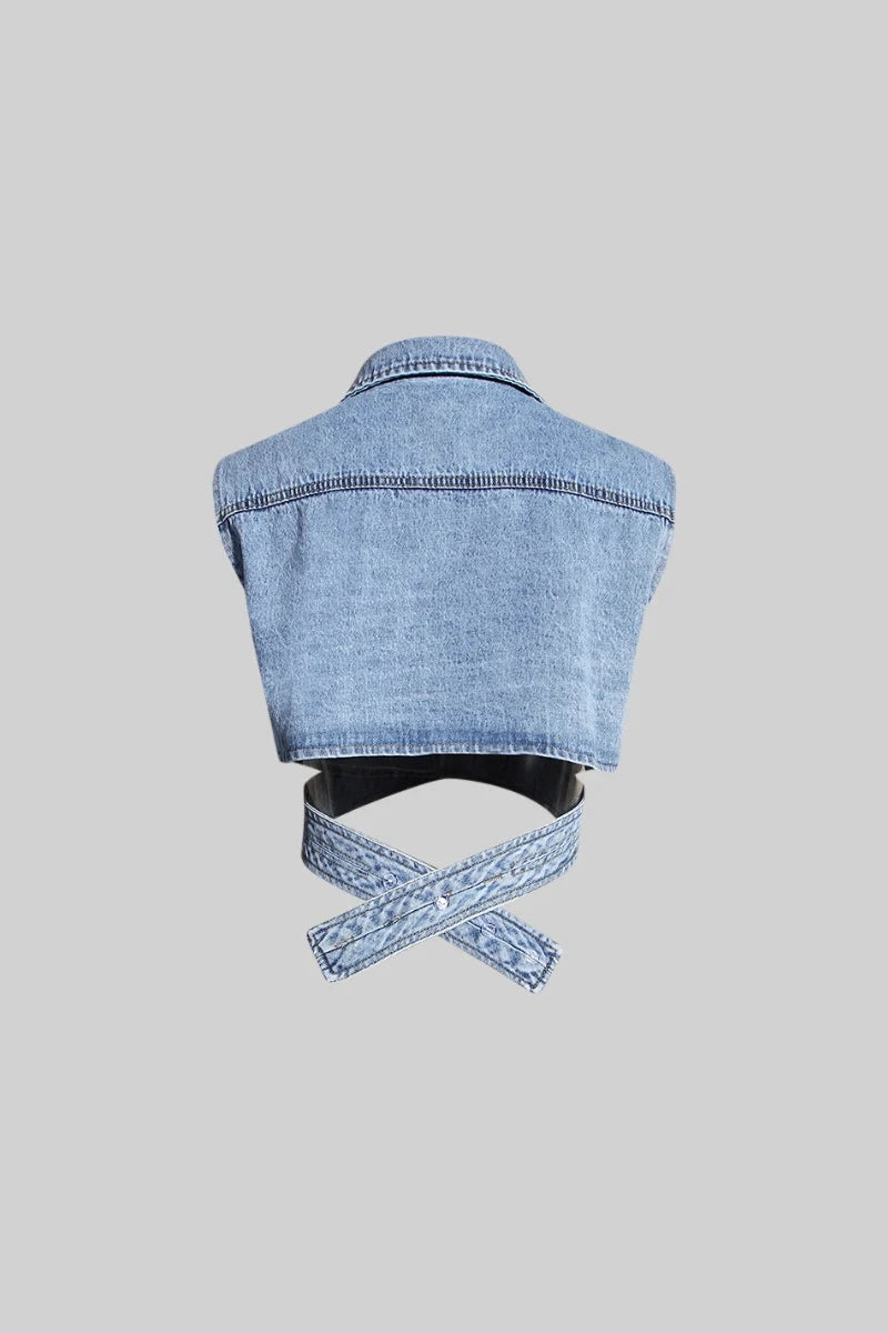 Asymmetrical Denim Vest - Blue