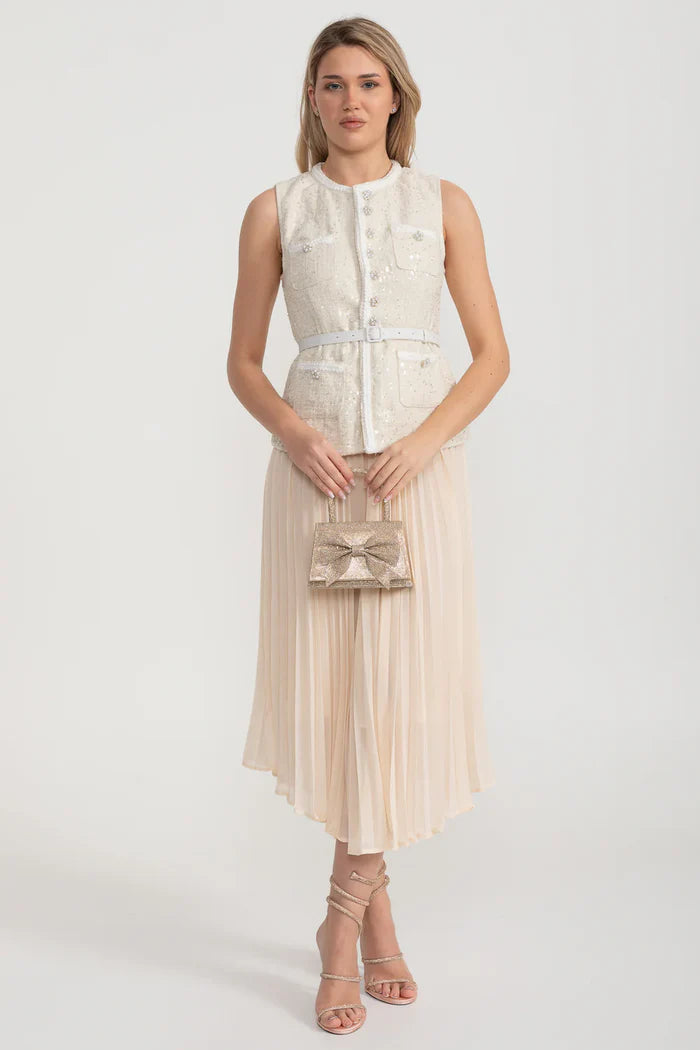 Textured Co-Ord With Front Pockets And Sheer Pleated Skirt - Ivoire