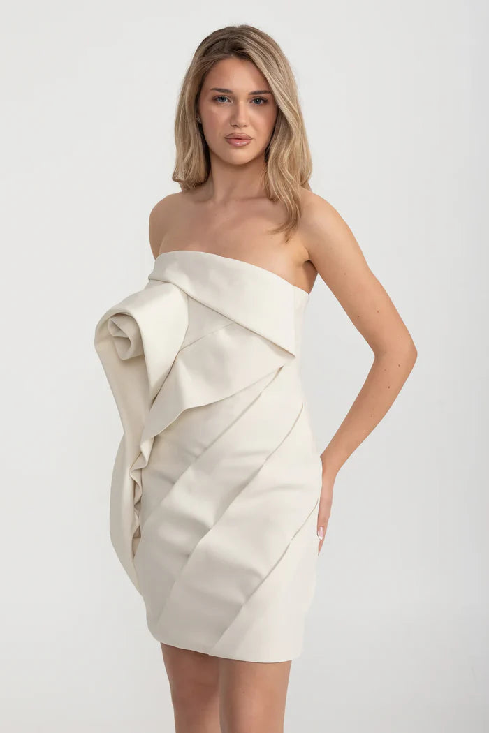 Fitted Mini Dress With Intricate Folds And Swirls - Beige