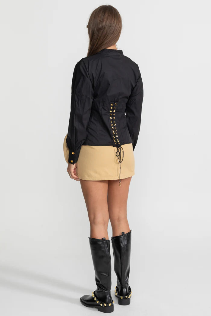 Structured Cotton Poplin Shirt With Corset Stitch Detailing – Black