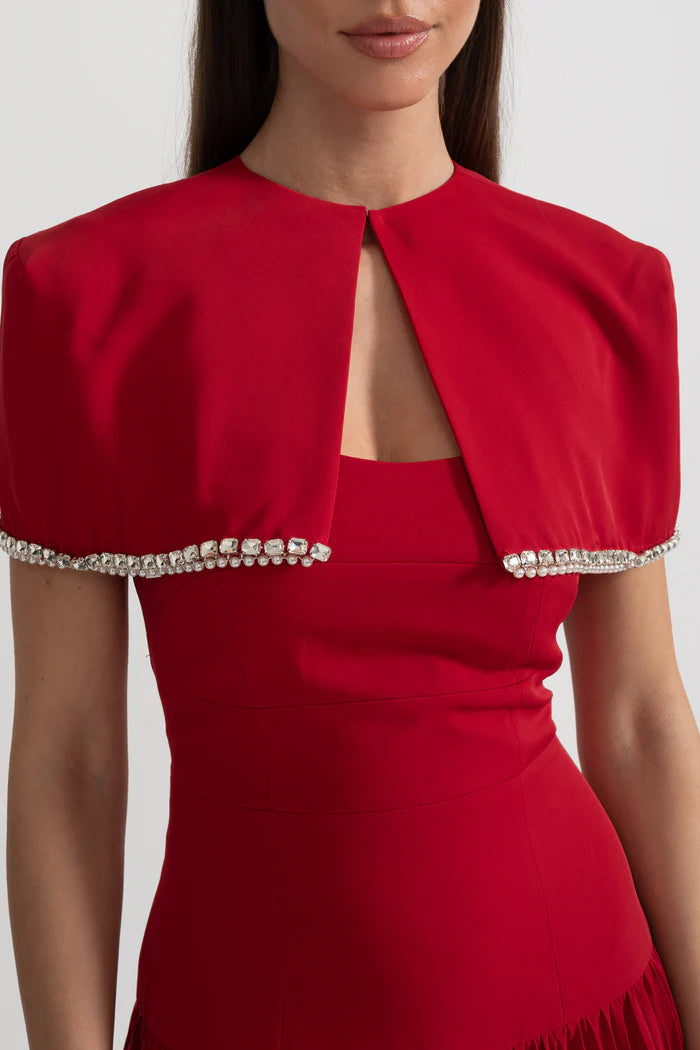 Pleated Midi Dress with Detachable Embellished Shoulder Cape - Red