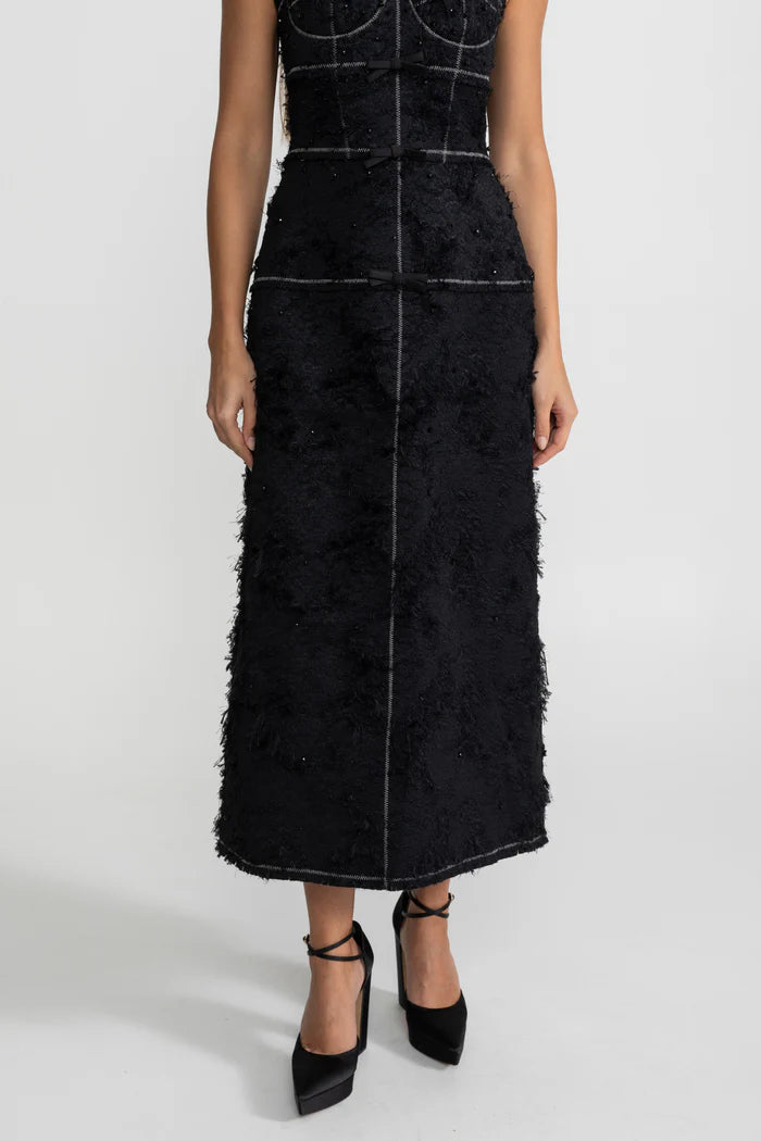 Textured Tweed Midi Dress With Contrast Straps and Bow Detailing – Black