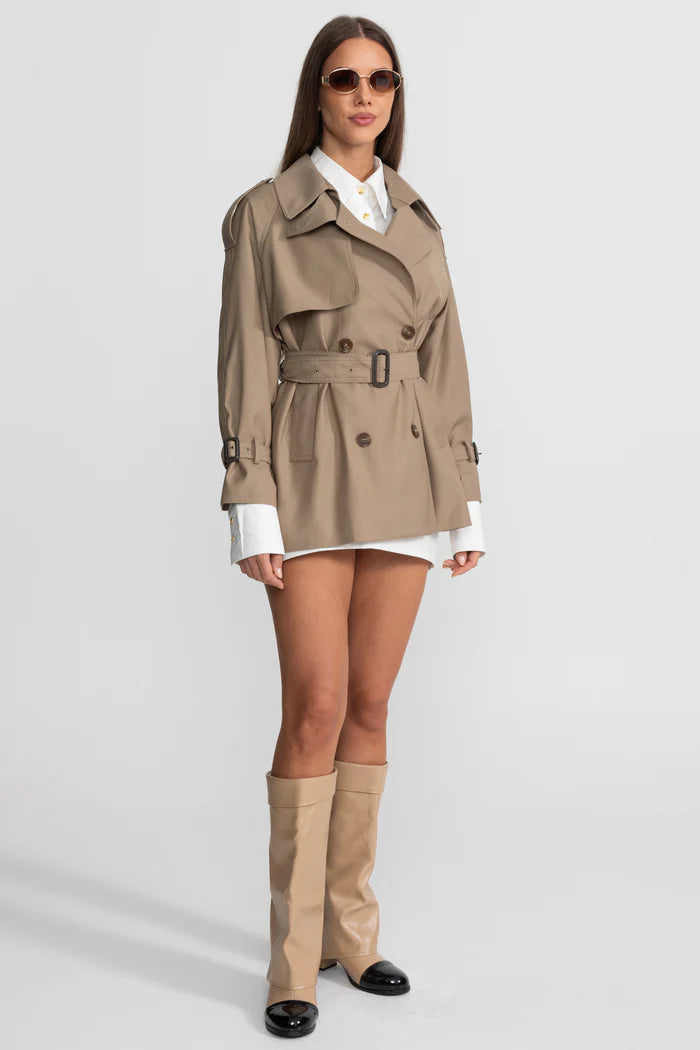 Classic Double-Breasted Trench Coat With Belted Waist – Khaki