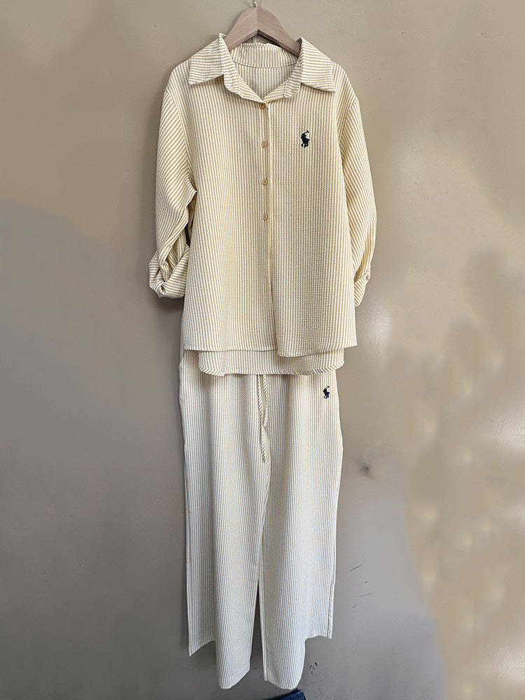 Ensemble de correspondance de chemises lâches en coton et en lin à rayures à rayures pour femmes