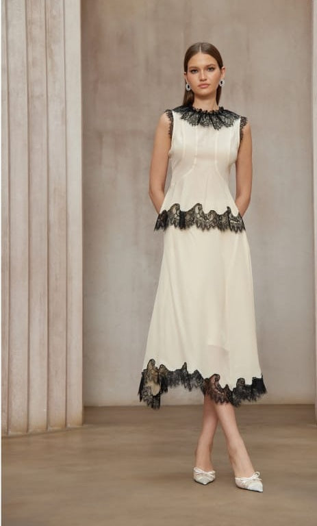 Zsófia Neutral Lace Panel Chiffon Top & Skirt Matching Set