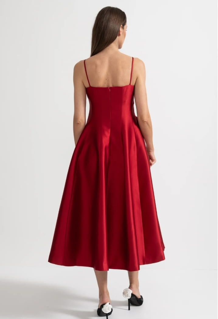 Midi Satin Dress With Fitted Bodice, Delicate Thin Straps And Bow Accent - Red
