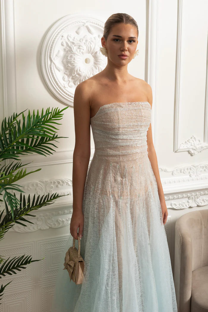 Strapless A-Line Midi Dress With Shimmery Textured Overlay - Turquoise Gradient