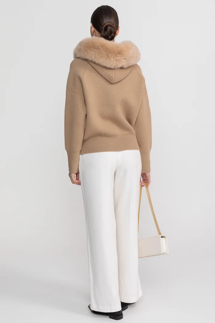 Zip-Up Wool Hoodie With Fox Fur Collar – Brown