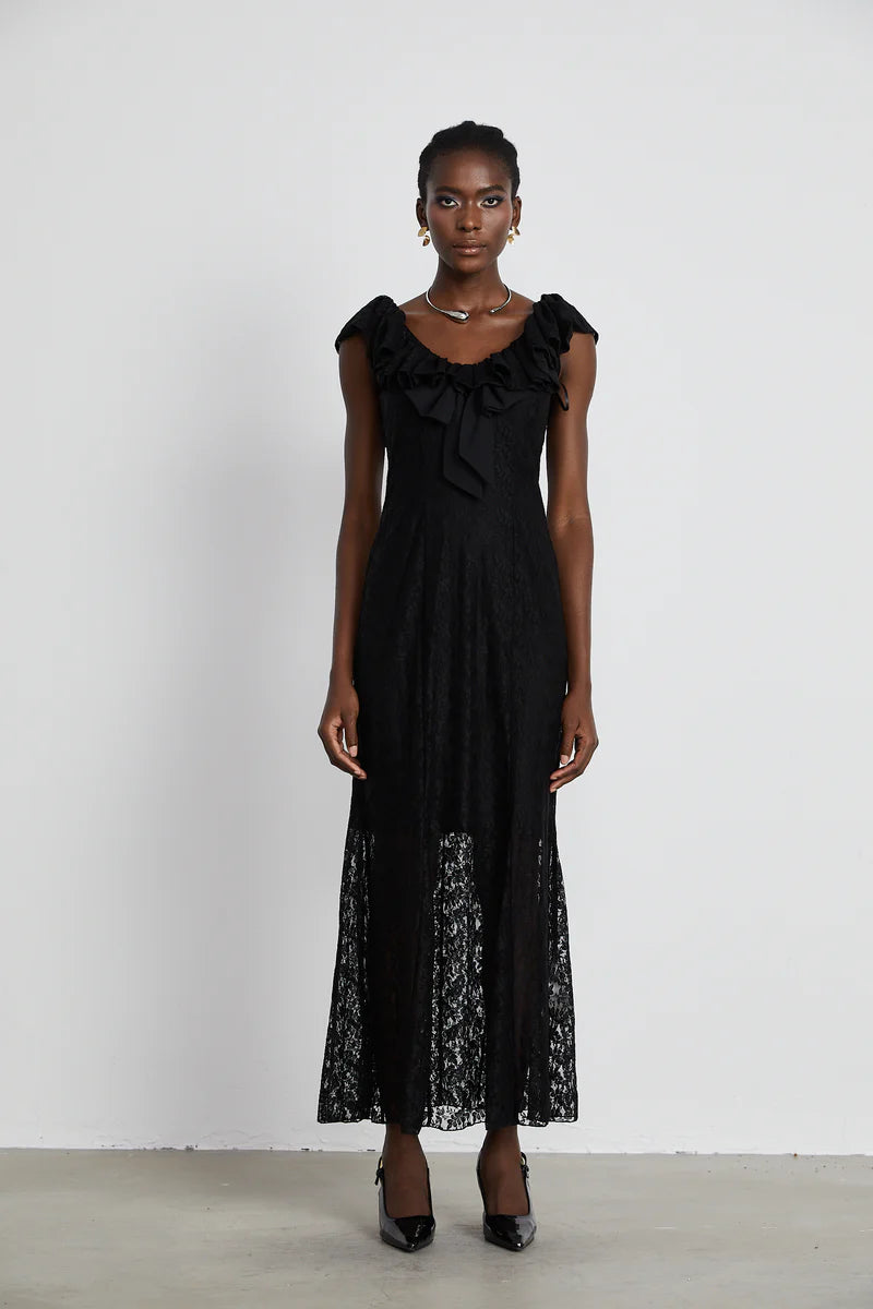 Roseline ruffled-trim floral-lace gown