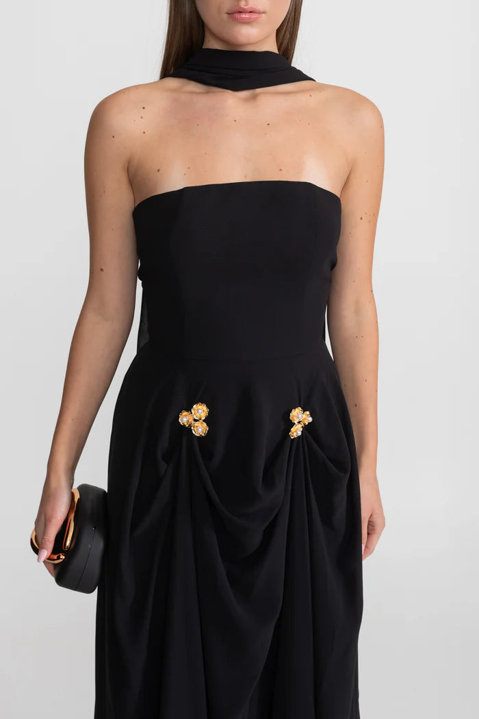 Strapless Draped Gown With Gold Flower Embellishments – Black