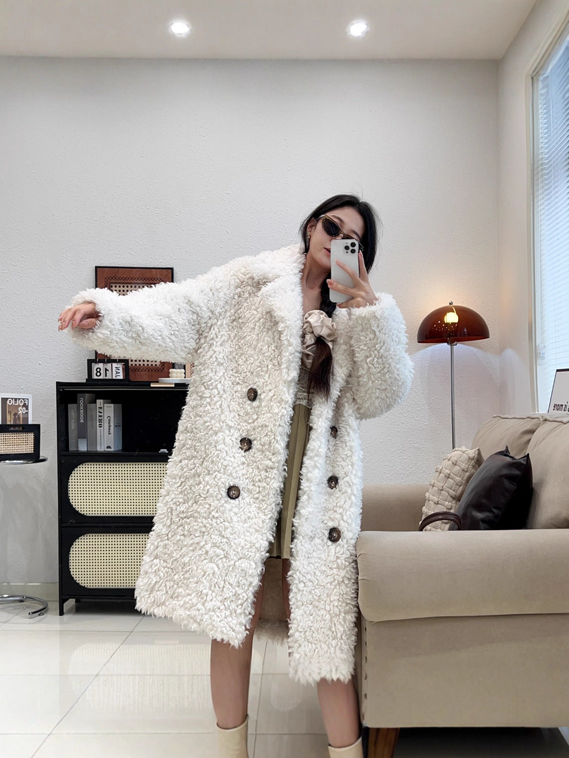 Lambswool fur long coat