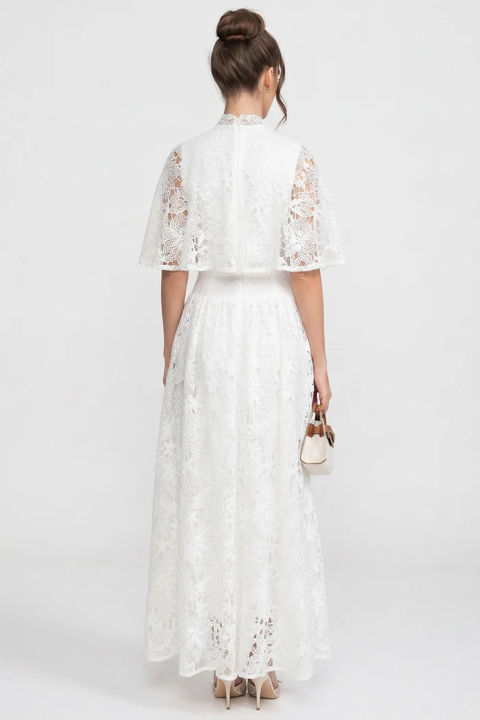 Short-Sleeve Floral Lace Maxi Dress With 3D Bow Detail - White