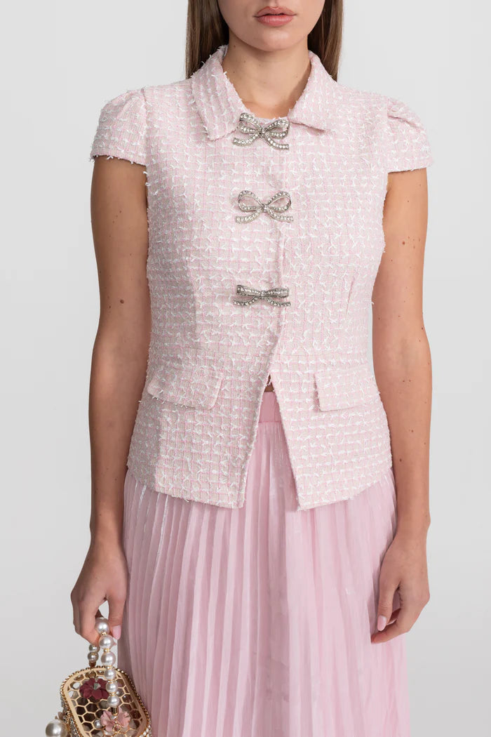 Tweed and Organza Co-ord Set with Crystal Bow Buttons - Pink