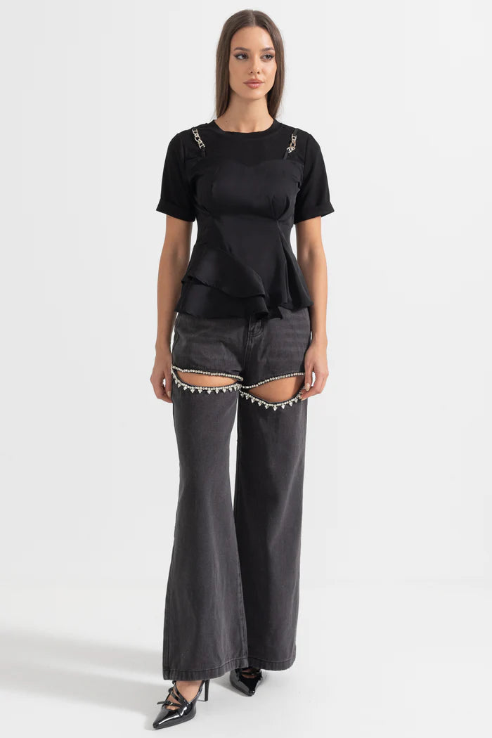 Asymmetrical Pleated Top With Shoulder Chains - Black