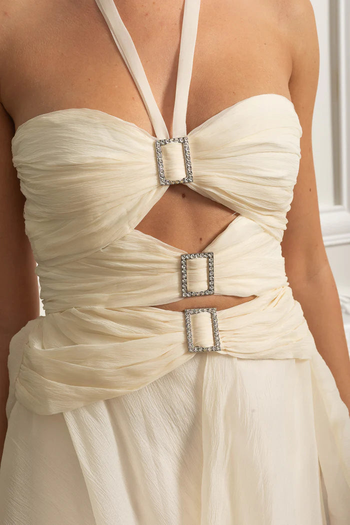 Halter-Neck Mini Dress With Crystal Buckle Cutout Detail - Ivoire