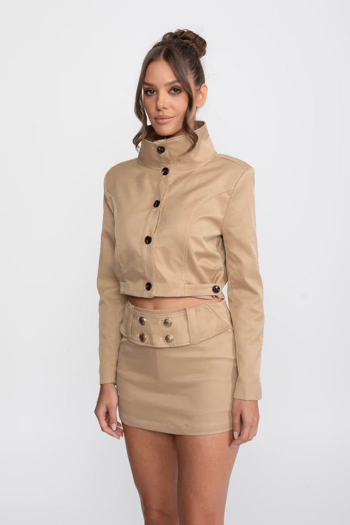Double-Breasted Cropped Jacket And Mini Skirt Co-Ord Set - Khaki