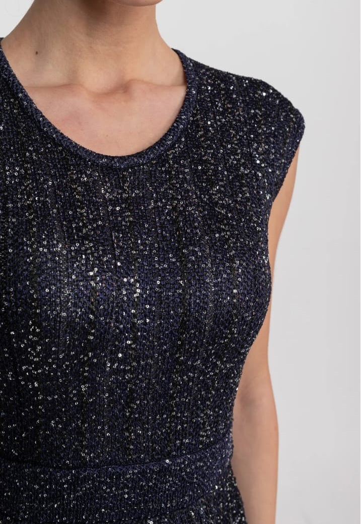 Sequin Cap Sleeve Mini Dress With Tiered Ruffle Skirt - Navy