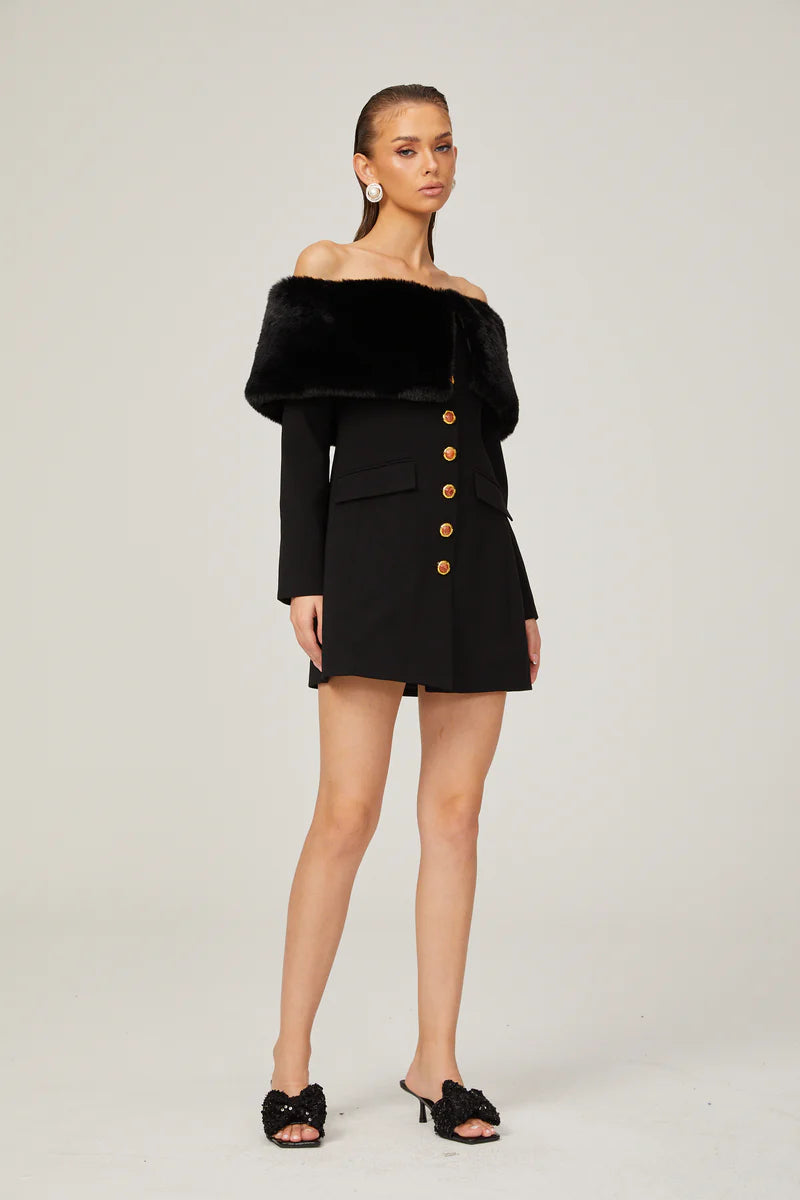 Céline Black Faux-Fur Mini robe à épaules dérangées