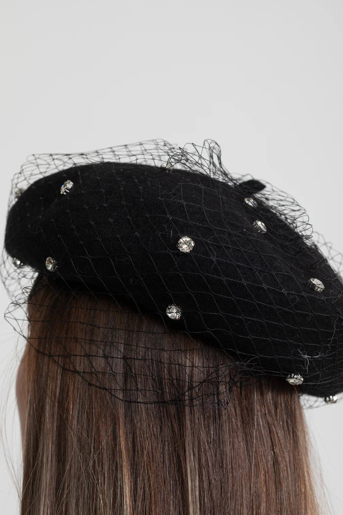 Embellished Wool Beret with Veil – Black