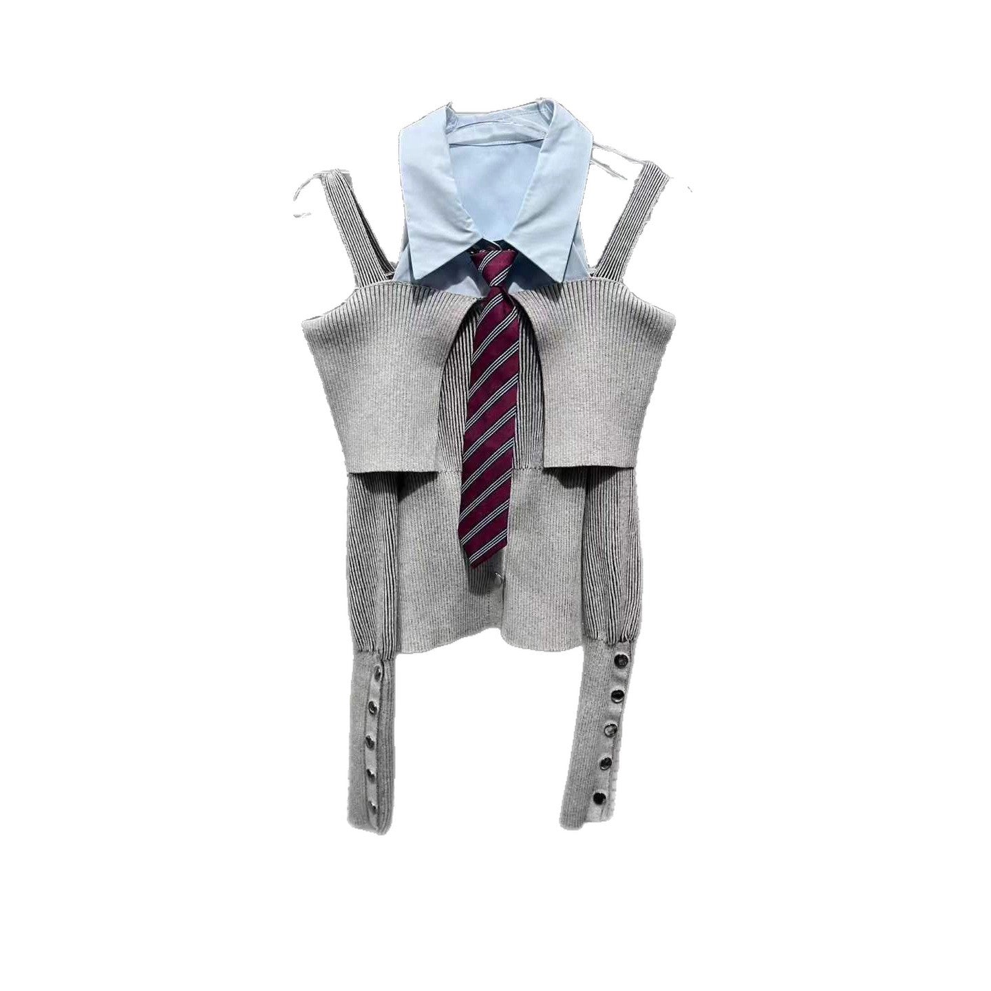 Tie Patchwork Knitted Off-Shoulder Design Shirt