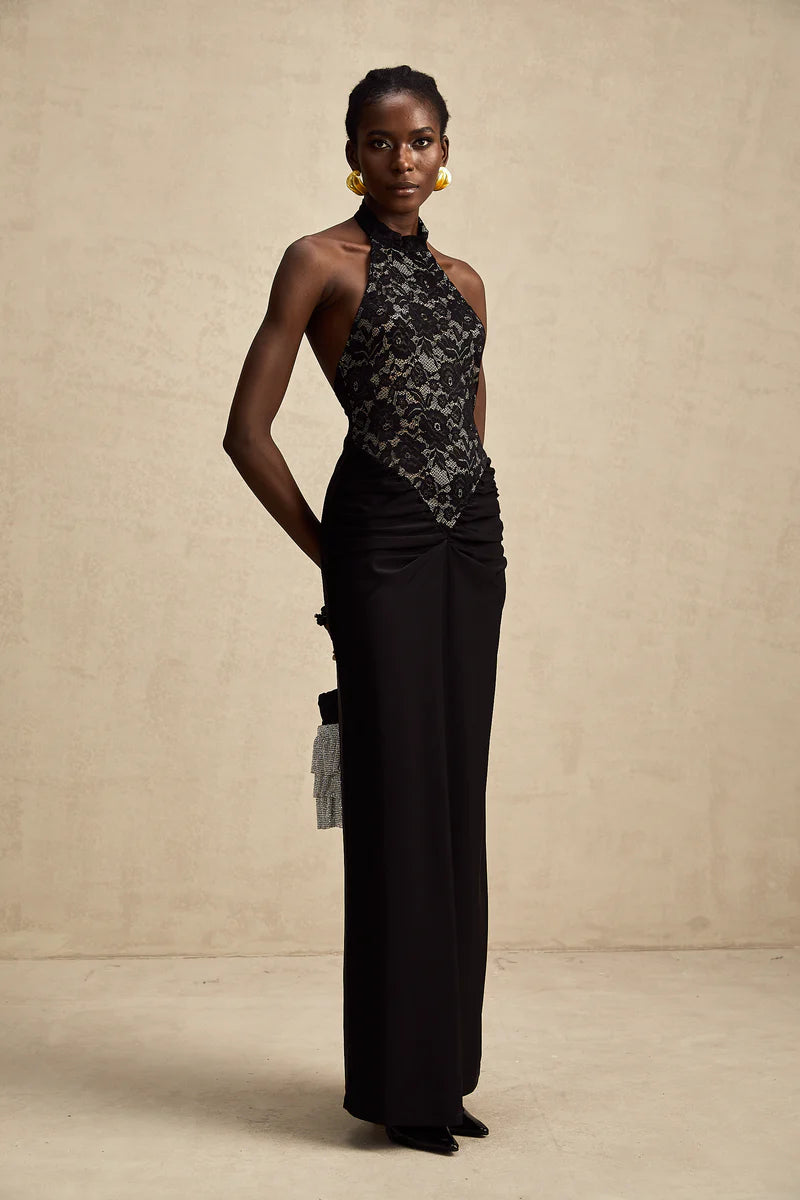 Camille black halterneck floral-lace maxi dress
