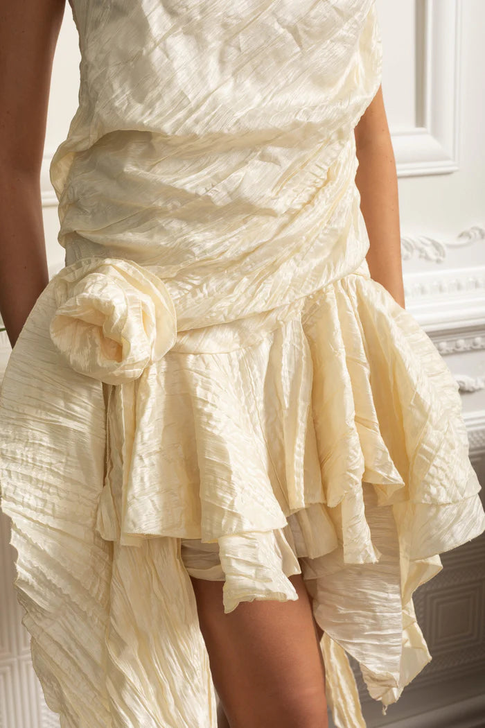 Draped Asymmetric Silk Dress with Sculptural Layers - Ivoire