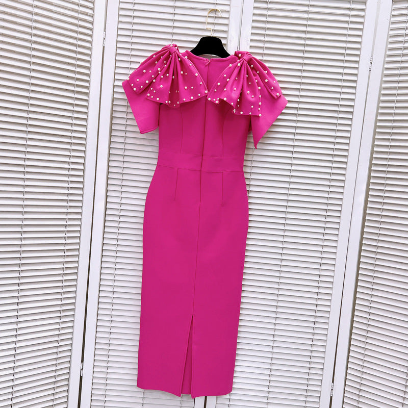 Pink bead bow midi bandage dress