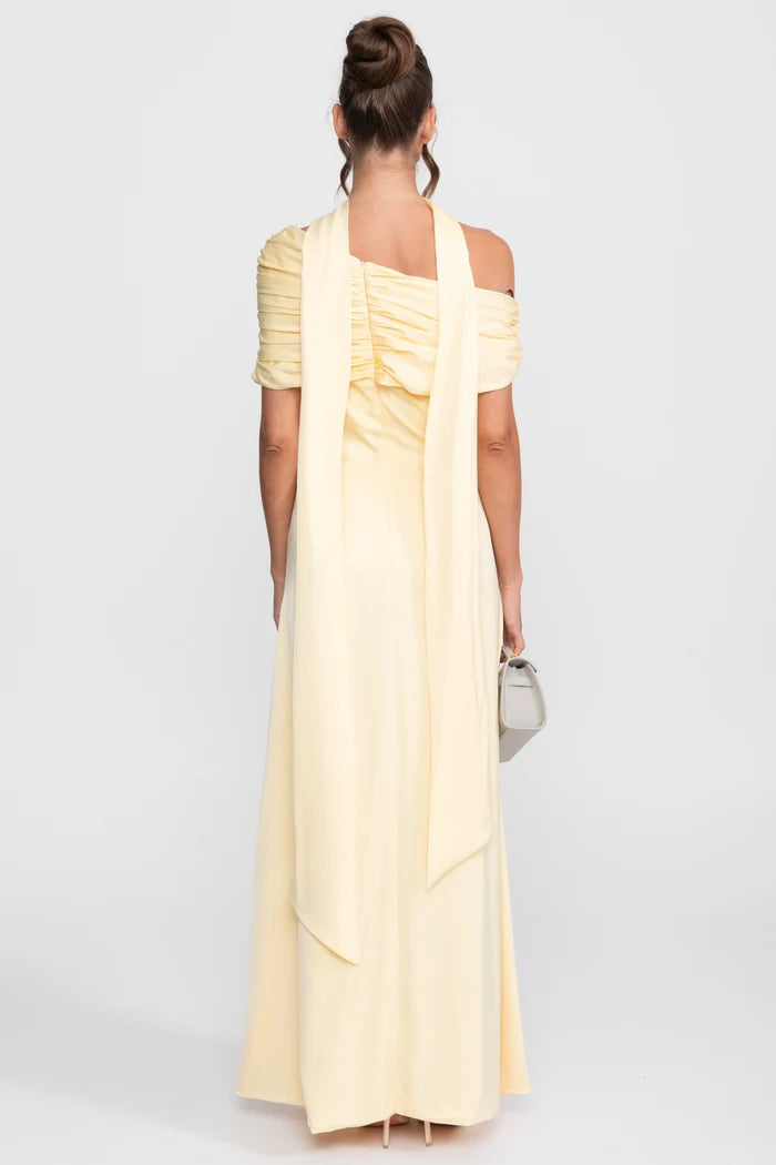 One-Shoulder Draped Satin Gown With Ruched Wrap - Yellow