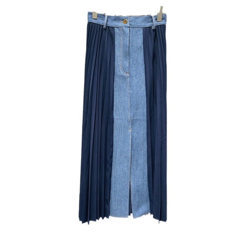 Tide Line Denim Panels Pleated  Skirt