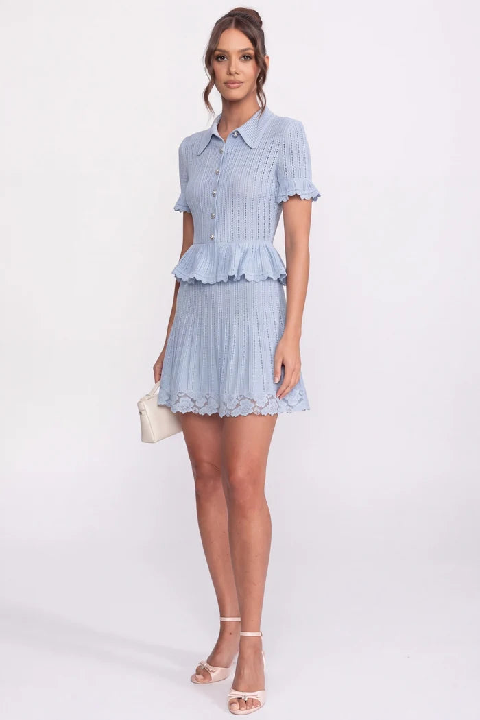 Polo-Collar with Button Top and Mini Skirt Set - Blue