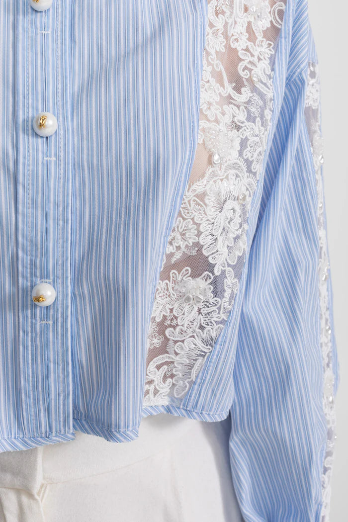 triped Cotton and Lace Panel Shirt – Light Blue