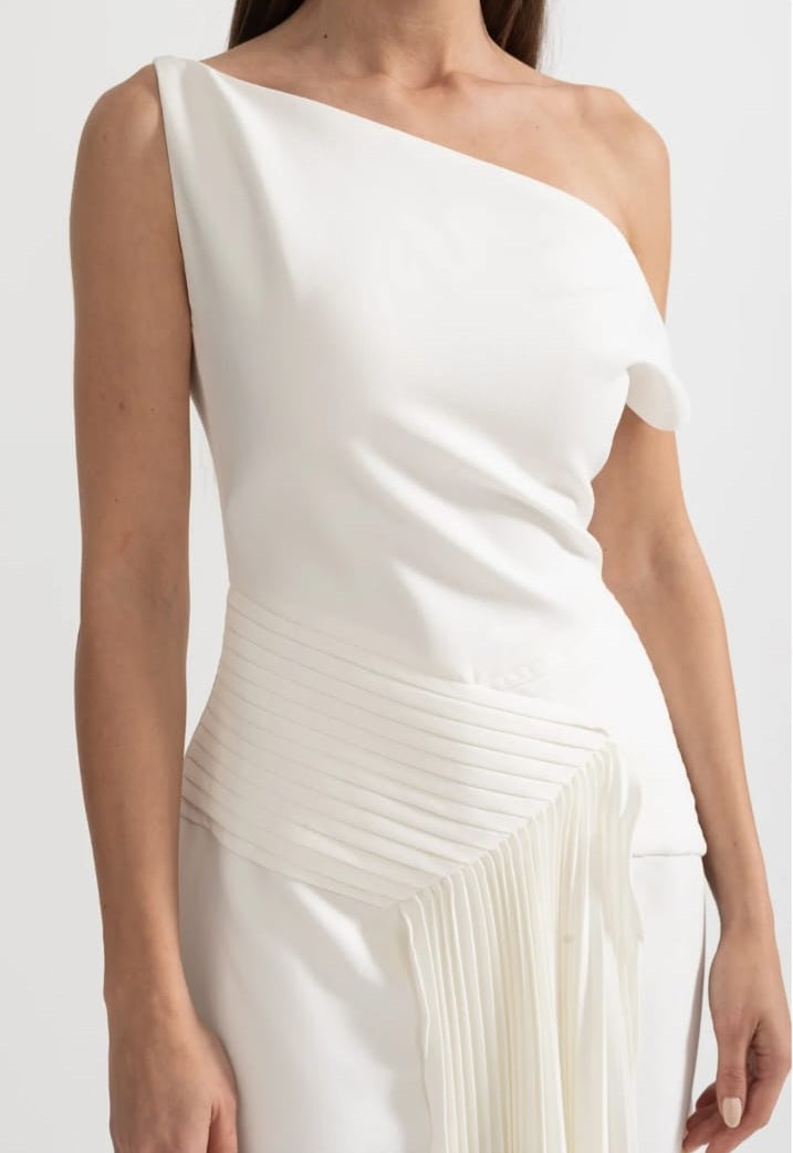 Off-Shoulder Midi Dress With Pleated Waist Detailing - White
