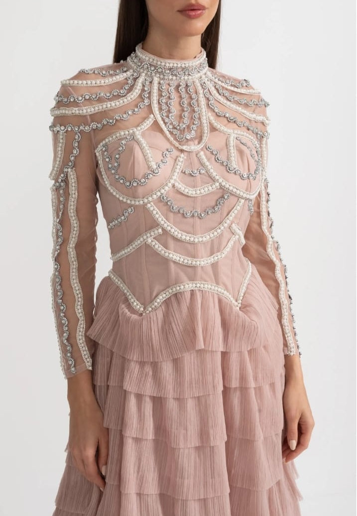Elegant Long Sleeved Dress With Layered Ruffled Skirt And Intricate Sparkling Embellishments - Pink