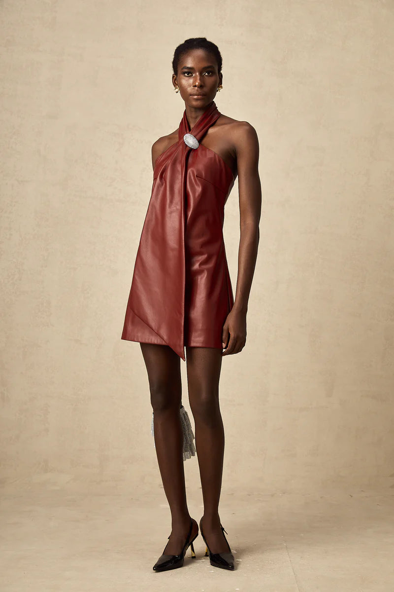 Maxanne Red Halterneck Mini-robe en peau de mouton